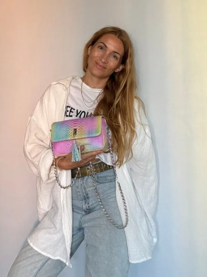 Genuine python skin midi crossbody bag unicorn rainbow color, summer bright crossbody, elegant classy crossbody purse genuine leather