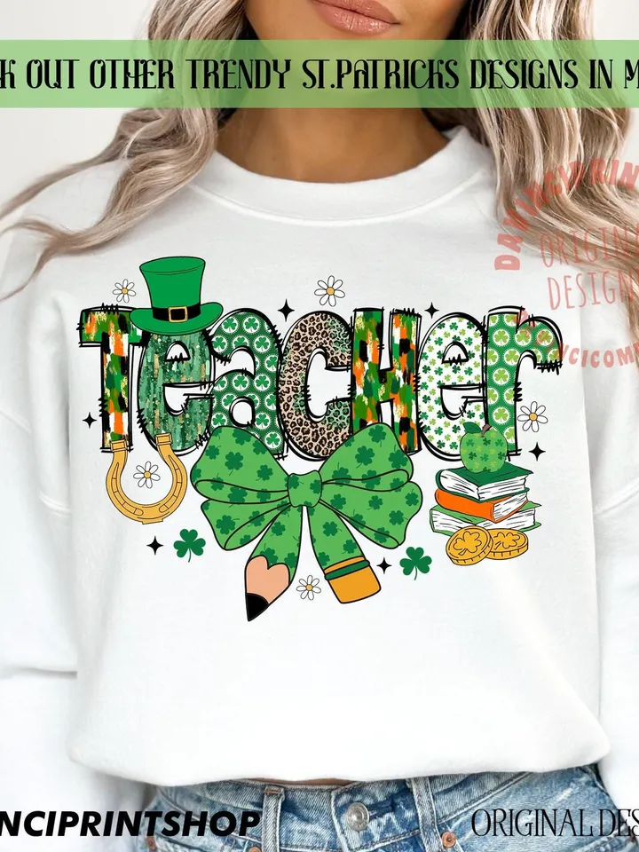 Teacher St Patrick Coquette Bow png, St Patricks Day png, Teacher png, Lucky Teacher png, Retro St Patricks png, Gift for Teacher, png files