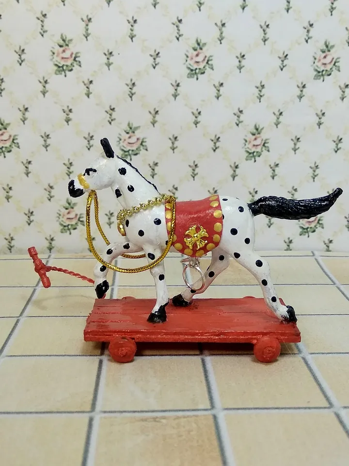 Horse on a cart. Dollhouse toy.1:12 scale.