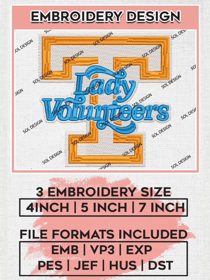 NCAA Tennessee Volunteers Lady Team Logo Embroidery Design Files, NCAA Tennessee Volunteers Machine Embroidery, NCAA Teams, Game Day, 3 sizes, NCAA Machine embroidery designs, Digital Download