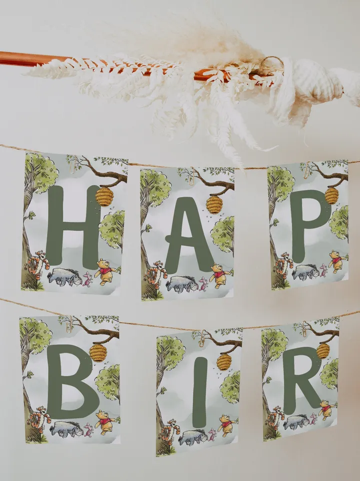Editable Happy Birthday Banner garland Winnie the Pooh First Birthday Banner Garland; Hundred Acre Wood Party; Instant Download; wp2