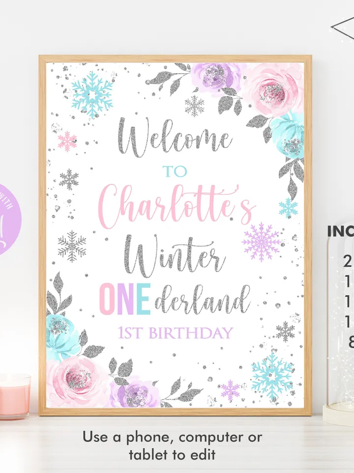 Winter Onederland Welcome Sign, Winter Onederland 1st Birthday Girl Decor, Pink Purple Teal Silver Snowflake Birthday Sign, Editable i098