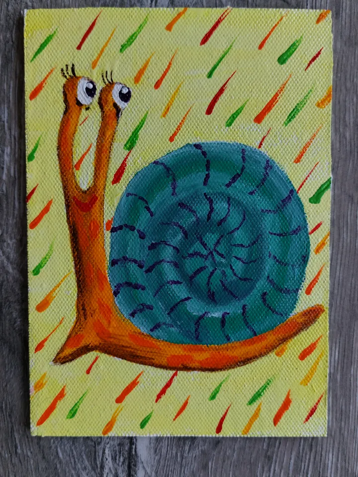 Mini painting with the image of the "Happy Snail", Original design, Painting on the panel