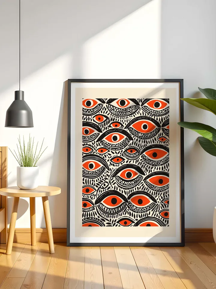 Bold Eye Wall Art, Psychedelic Eye Poster, Tribal Orange, Black Digital Print, Surreal Eye Illustration, Instant Download, crazy eyes art