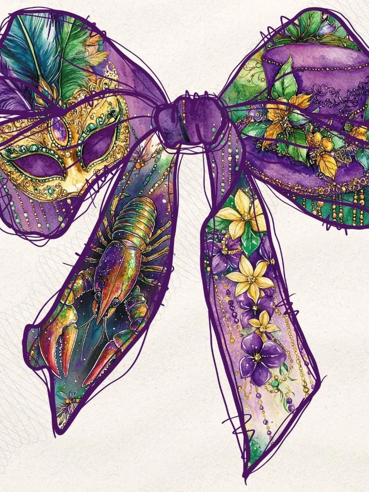 Mardi Gras Coquette Bow PNG, Coquette Mardi Gras Png, Fleur De Lis Png, Glitter, King Cake Png, Mardi Gras Beads PNG, Louisiana Crawfish Png