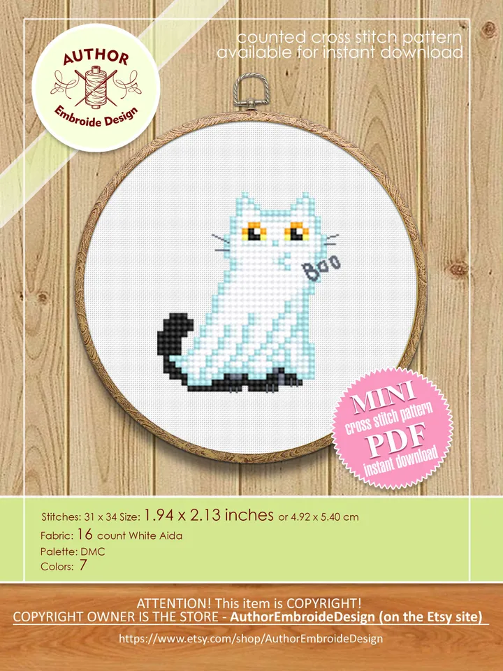 Set Halloween cats cross stitch pattern PDF download Cute black cat embroidery PDF, Ghost cat cross stitch chart, Funny home cat decor #H63