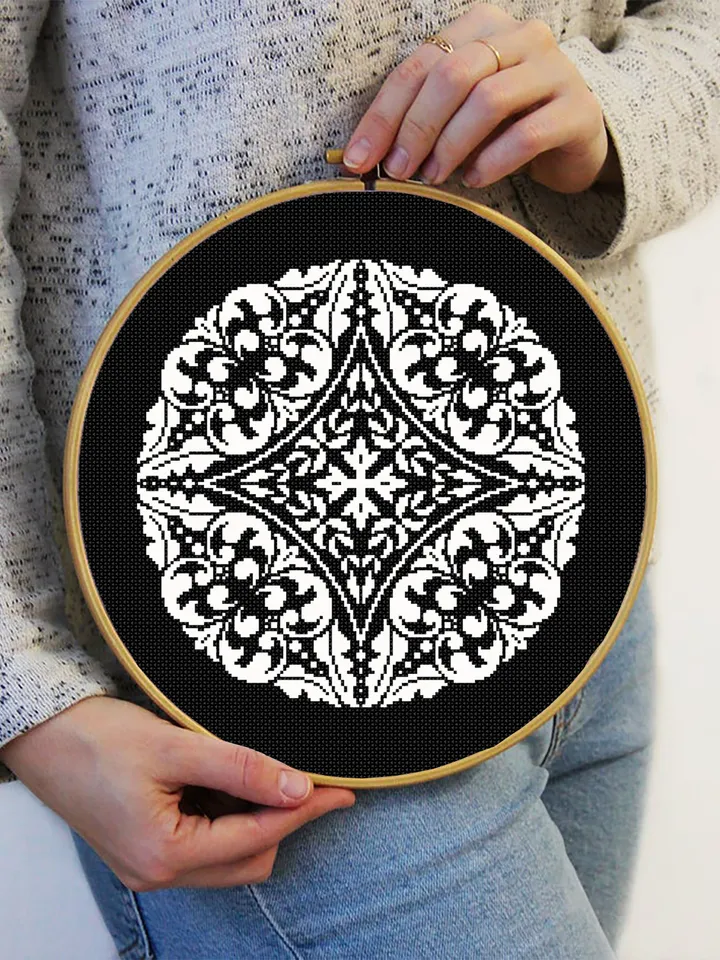 Flower mandala cross stitch pattern PDF download Monochrome cross stitch chart, Simple mandala pattern digital PDF, Mandala ornament #M262