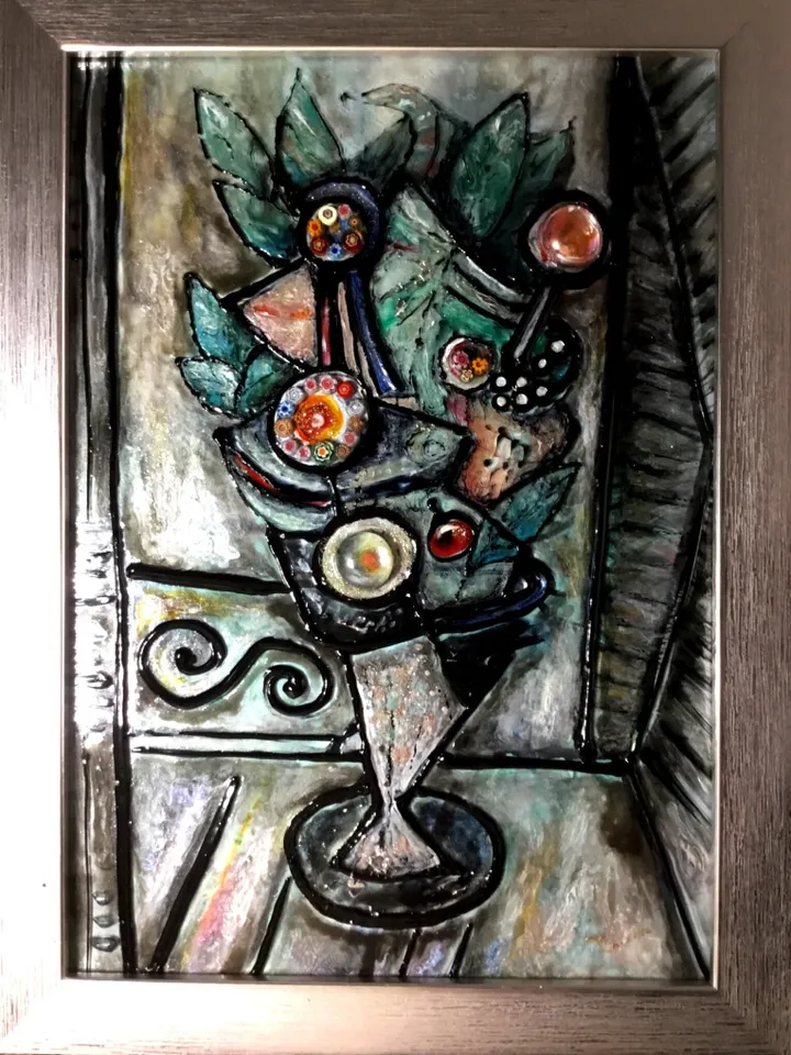 Abstract painting on glass.Mix media modern flowers,glass and watercolour painting with mosaic decoration.Hand made original.Gift for her.