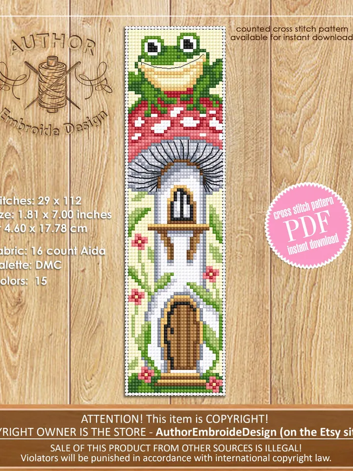 Mushroom bookmark cross stitch pattern PDF download Mushroom cross stitch chart, Funny bookmark pattern digital PDF, Frog cross stitch #B473