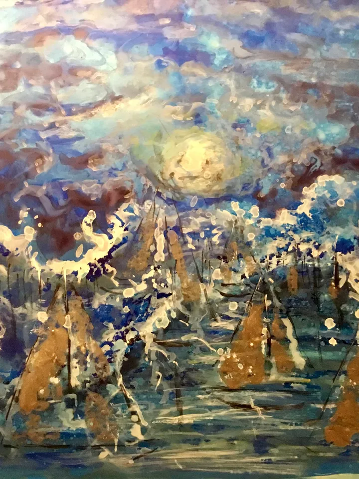 Moonlight boats,original mix media painting on yupo paper,fantasy artwork,gift,home decoration modern art