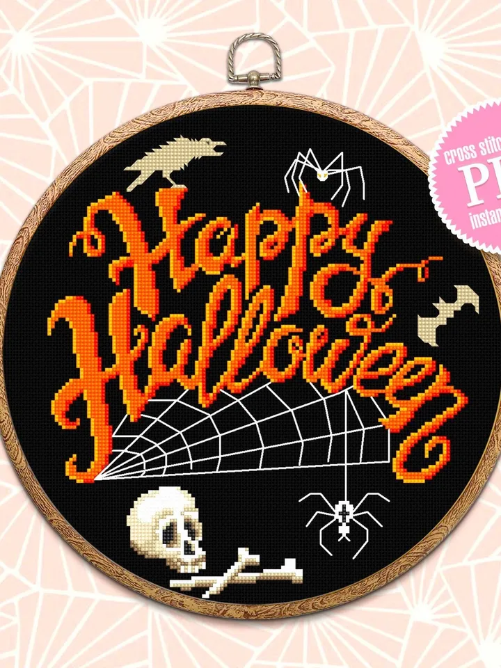 Happy Halloween cross stitch pattern download PDF Halloween skull cross stitch Spooky xstitch chart Halloween quotes Magic embroidery #H10