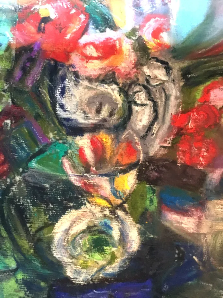 Flowers pastel original painting.Hand made abstract painting on 3 d canvas.