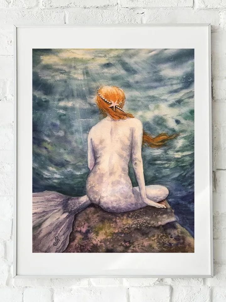 Mermaid Original Painting Woman Watercolor Wall Art