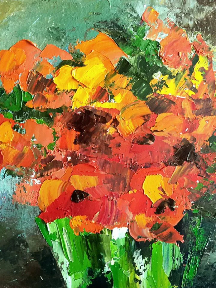 Abstract Poppies In A Vase Impasto Original Oil Painting Flowers Artwork
