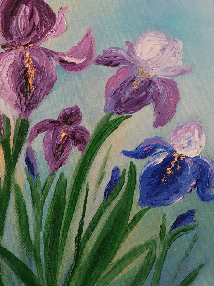 Oil Painting Irises Spring Flowers Floral Art Nature Bouquet of Irises Collectible Art Gift For the Occasion Wall Decor Stretched Canvas 22x18 inches 55 x45 cm Impressionism