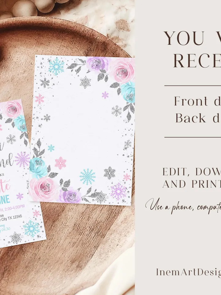 Winter Onederland Birthday Girl Invitation, Winter Wonderland 1st Birthday Invitation, First Birthday Snowflake Editable Template i098