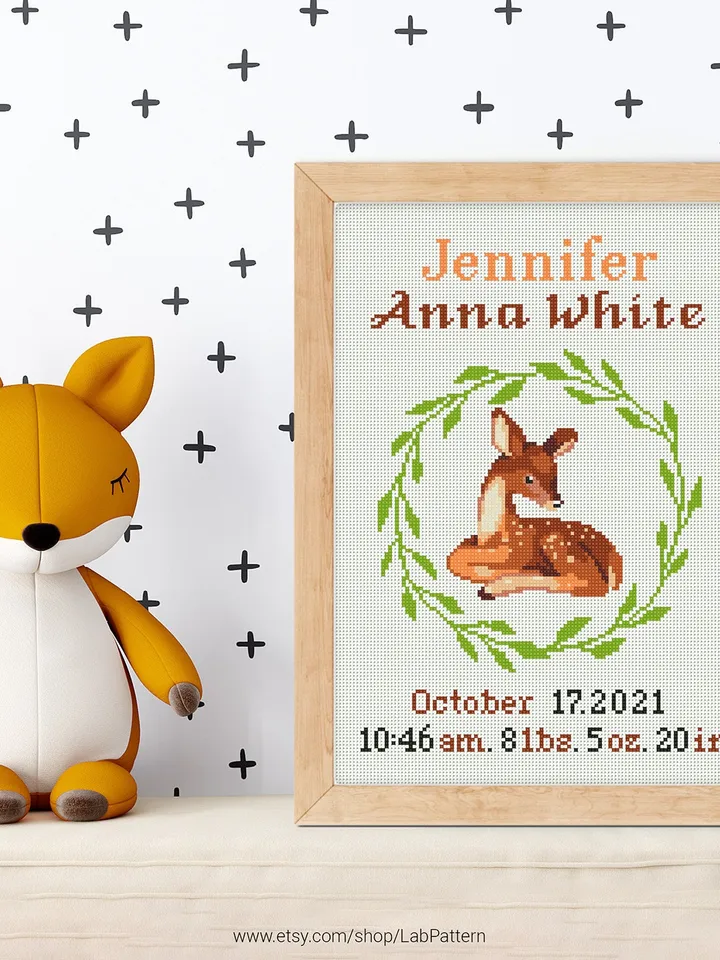 Deer Birth announcement cross stitch pattern, baby, personalized, boy girl nursery decor, counted, chart, gift DIY, embroidery, instant PDF
