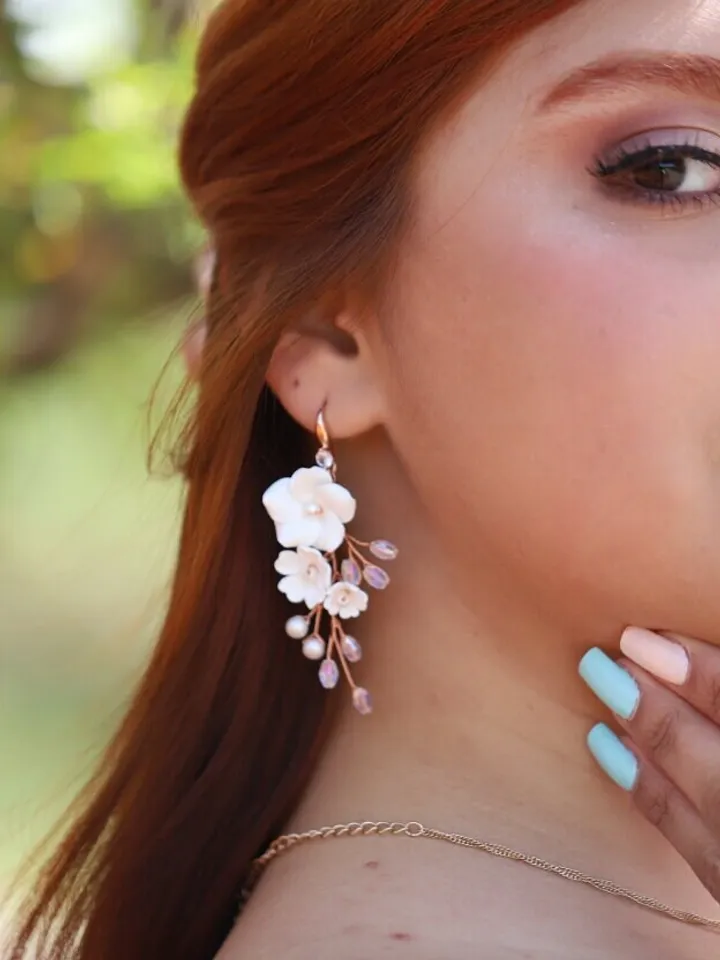 Rose Gold Polymer Clay Flowers Long Boho Wedding Earrings, Swarovski Crystal Statement Pearl Bridal Earrings, Floral Wedding Jewelry Set
