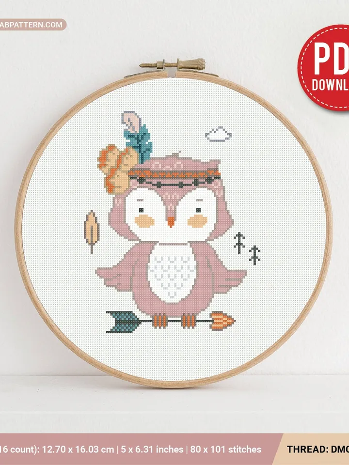 Owl Boho Style aesthetic mini cross stitch pattern, baby, animal, boy girl nursery decor, counted, chart, gift DIY, embroidery, instant PDF