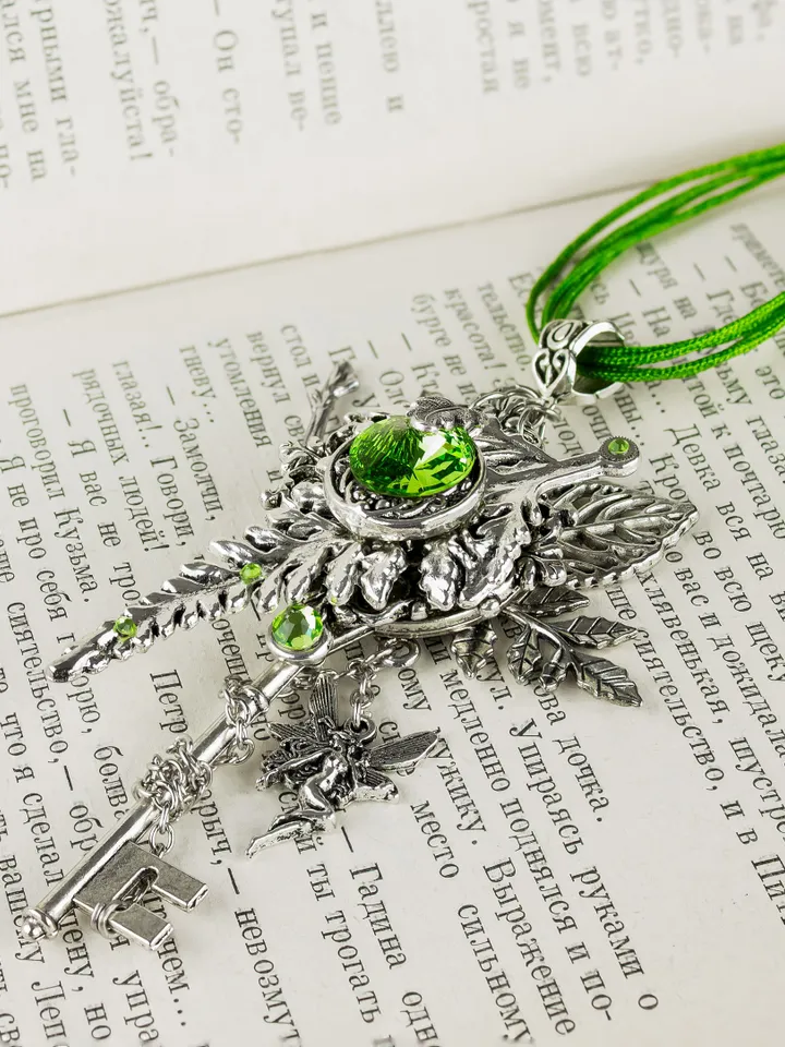 Handmade Fairy Key Pendant with Green Swarovski Crystal – Fantasy Leaf Necklace, Unique Gift