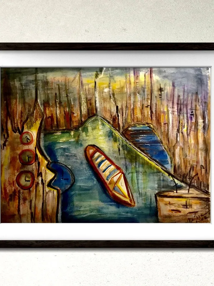 Fantasy cityscape with a boat,original watercolour mix media painting on watercolour 350 g paper,fantasy landscape wall hanging.