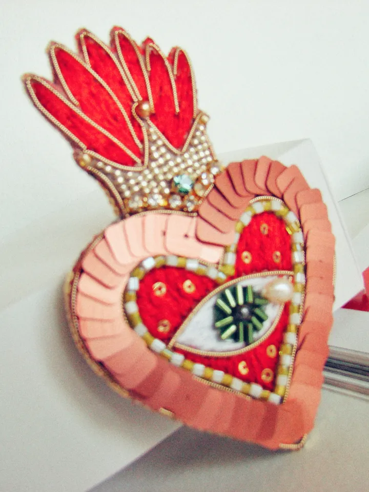 Heart eye brooch, embroidered brooch, beaded heart brooch