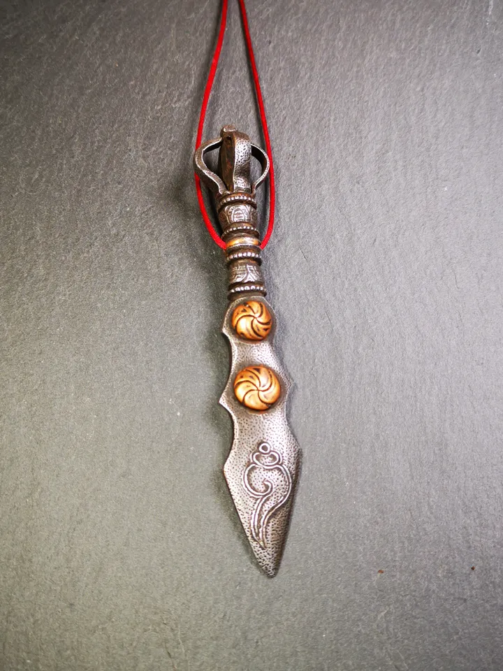 Gandhanra Handmade Tibetan Buddhist Ritual Implement - Kila -Dorje Phurba,Manjusri Sword,Made of Cold Iron inlaid with Copper,5.1"
