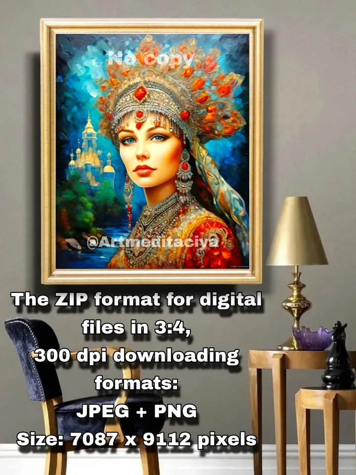 Digital abstract texture painting "Mysterious Russian Beauty" with blue eyes in a luxurious red-gray kokoshnik crown, red dress against the background of an abstract urban landscape in blue tones, made in the style of painting with a palette knife, oil