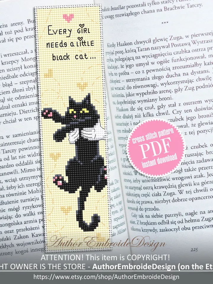 Cat bookmark cross stitch pattern download PDF Black cat cross stitch chart, Funny bookmark digital pattern PDF, Cat mom embroidery #B319