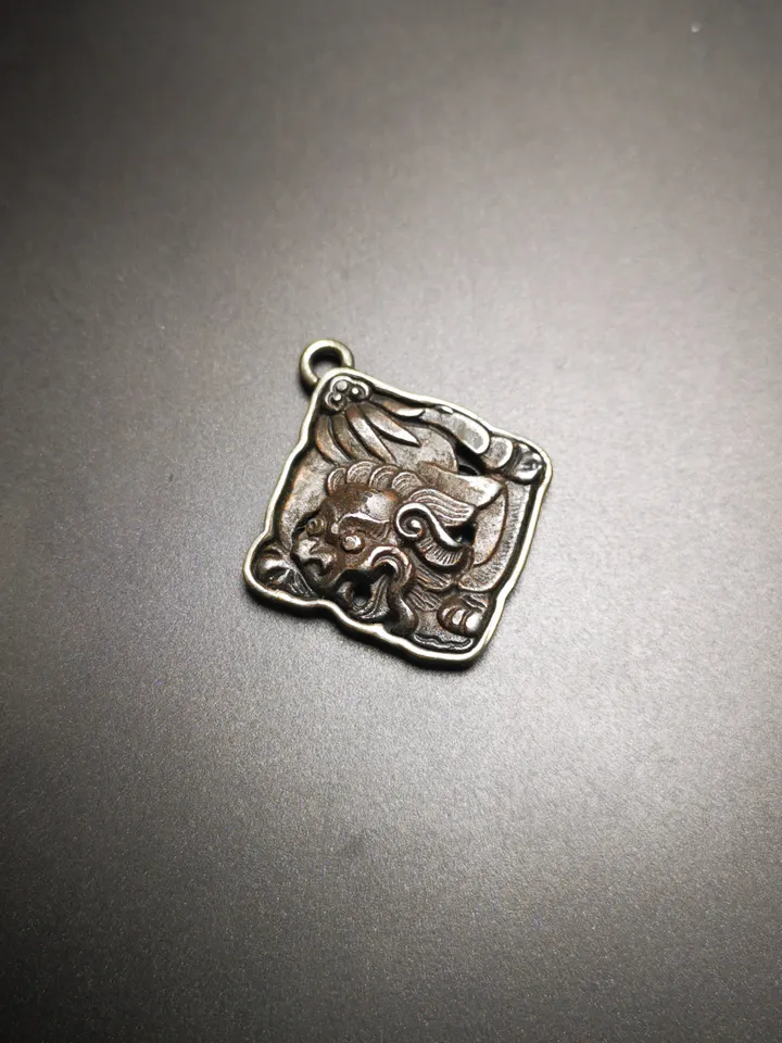Gandhanra Antique Tibetan Buddhist Amulet,Snow Lion-the Four Dignities(Garuda,Tiger,Dragon,Lion),Buddhist Talisman,Inlaid with Sliver