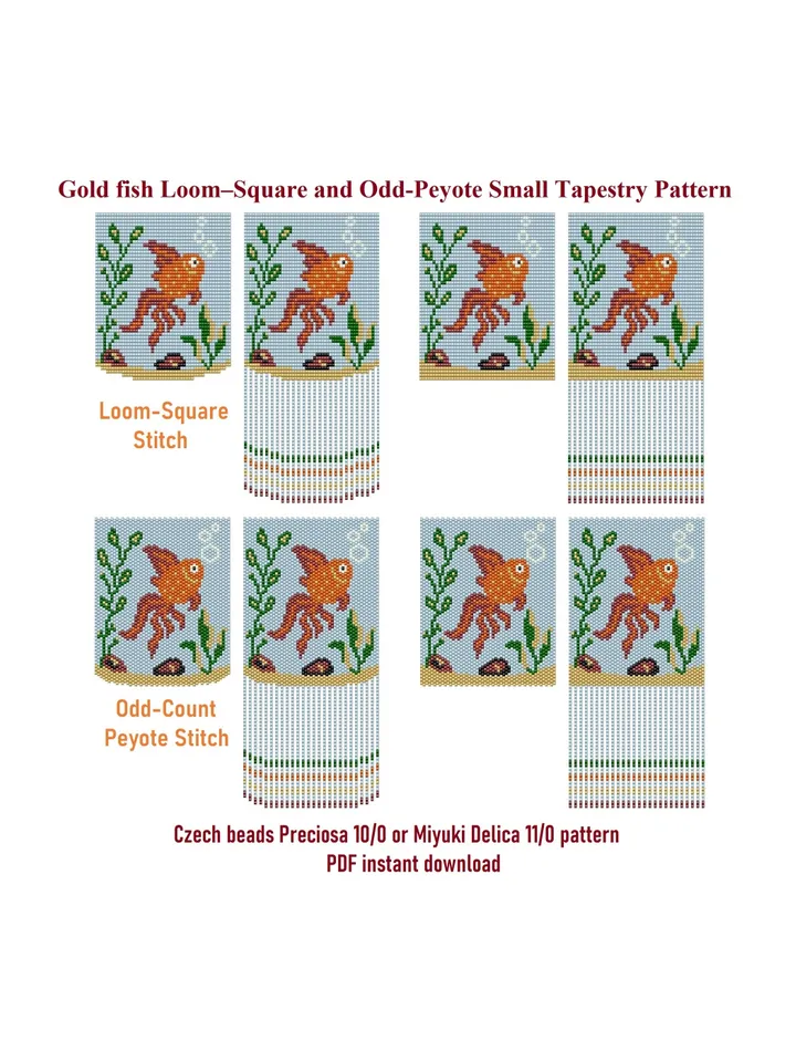 Loom & Odd-Peyote stitch "Gold fish" Small Tapestry Pattern, Beaded Mini Banner Pattern, seed bead pattern, PDF instant download