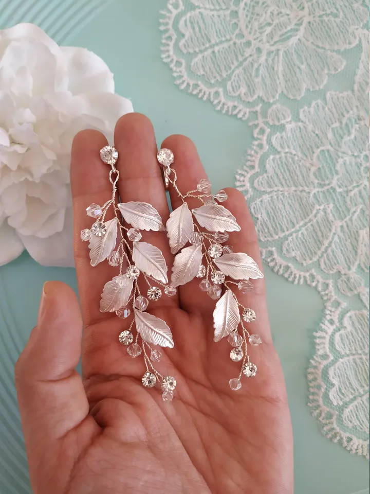 Silver Leaf Wedding Earrings Boho Wedding Earrings Rose Gold Chandelier Earrings Swarovski Crystal Long Bohemian CZ Boho Bridal Earrings