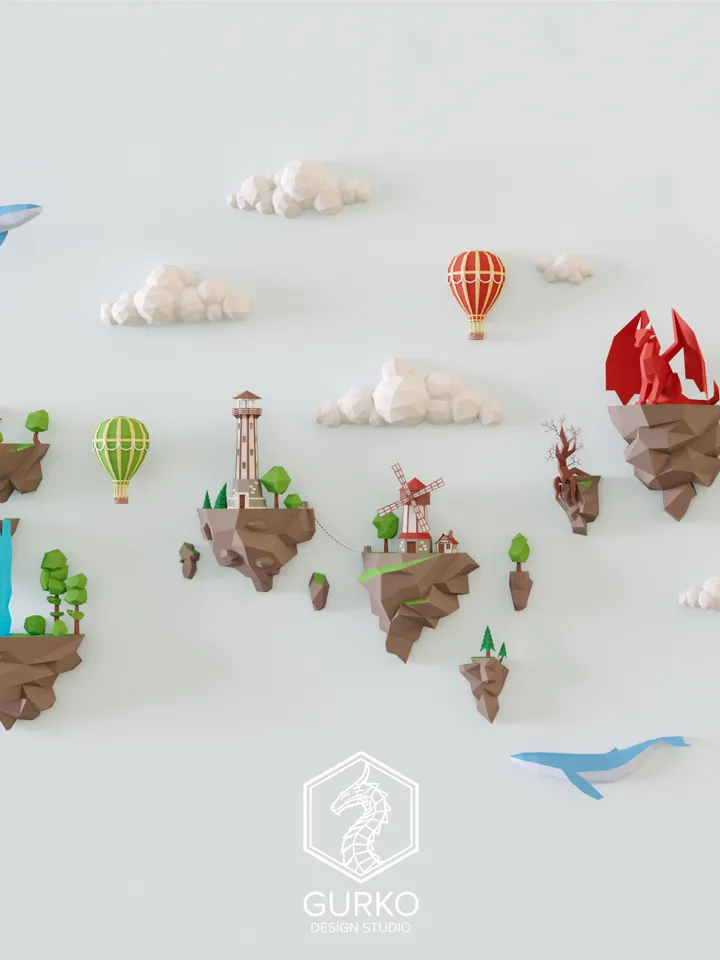 Papercraft Flying Islands (5 sets), Digital Template, PDF Download, Gurko, 3D Low Poly, Pepakura, DIY Origami Sculpture, Paper Decor, Gift