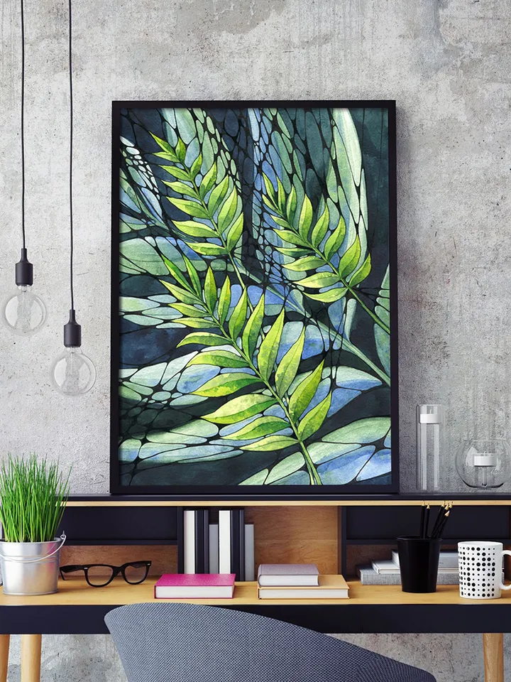 Watercolor poster with abstract leaves , Watercolor digital file JPEG, Printable, Blue-green painting, Art print, Graphics