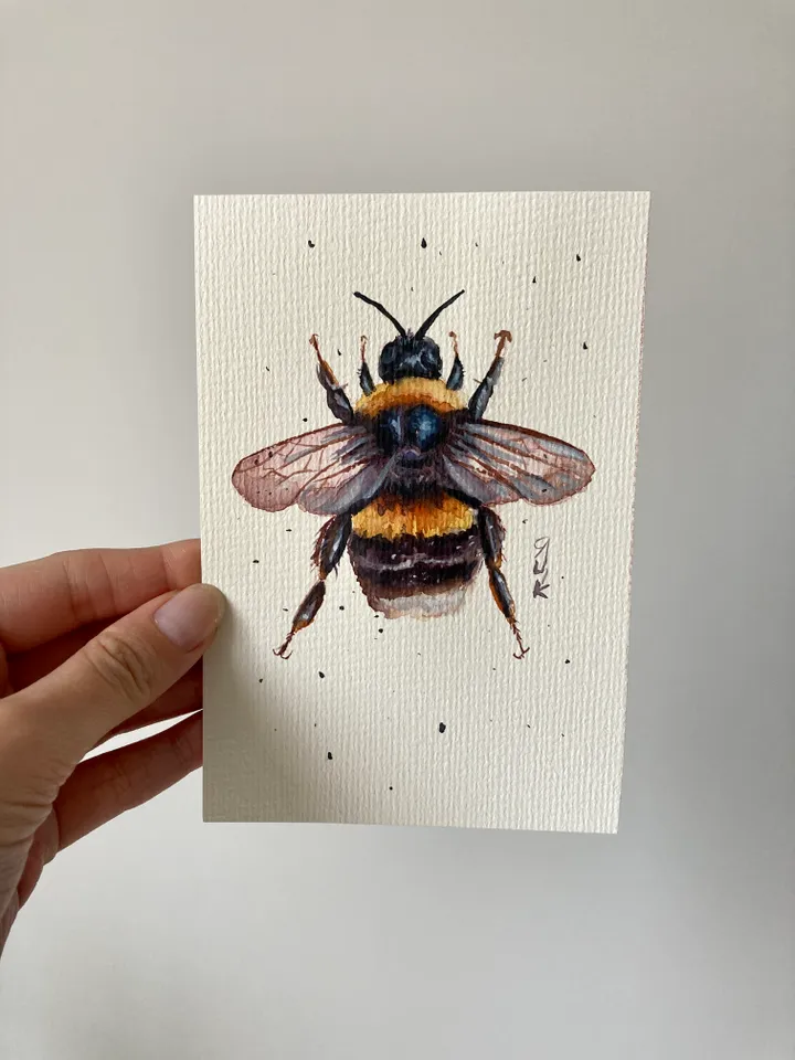 Bee Painting Original Watercolor Painting Gift Small Insect Art Bumblebee Illustration 4x6