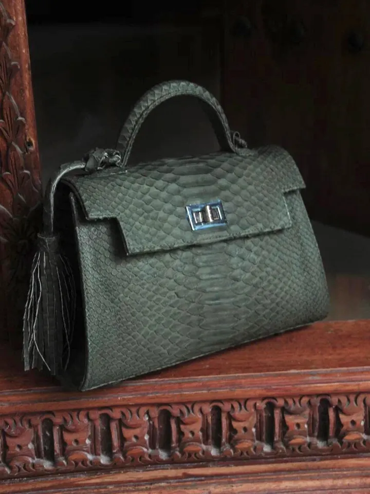 Top handle green khaki classy IDA genuine python skin bag | exotic leather bags | Elegant everyday women purse | snakeskin bag| designer bag