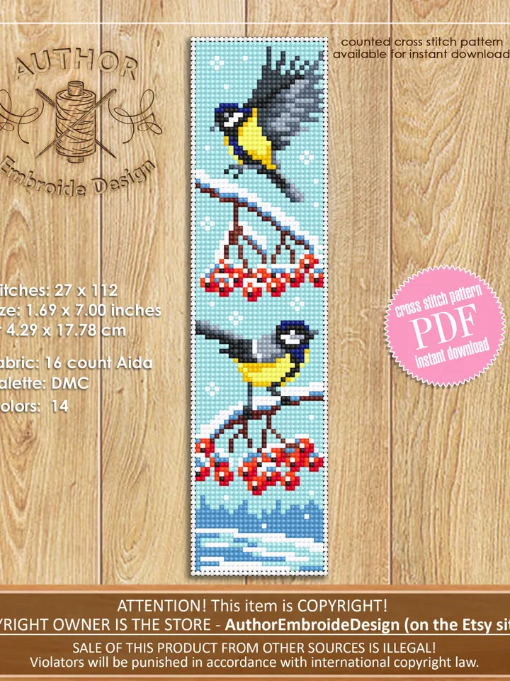 Bookmark winter birds cross stitch pattern download PDF Handmade bookmark tits embroidery beginners Winter holiday cross stitch sampler #B40