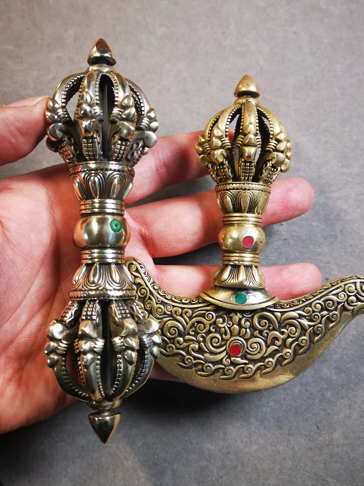 Gandhanra Antique Tibetan Trantic Practitioner Ritual Implements,Nine Pronged Vajra & Kartika(knife of the dakinis), Made of Brass