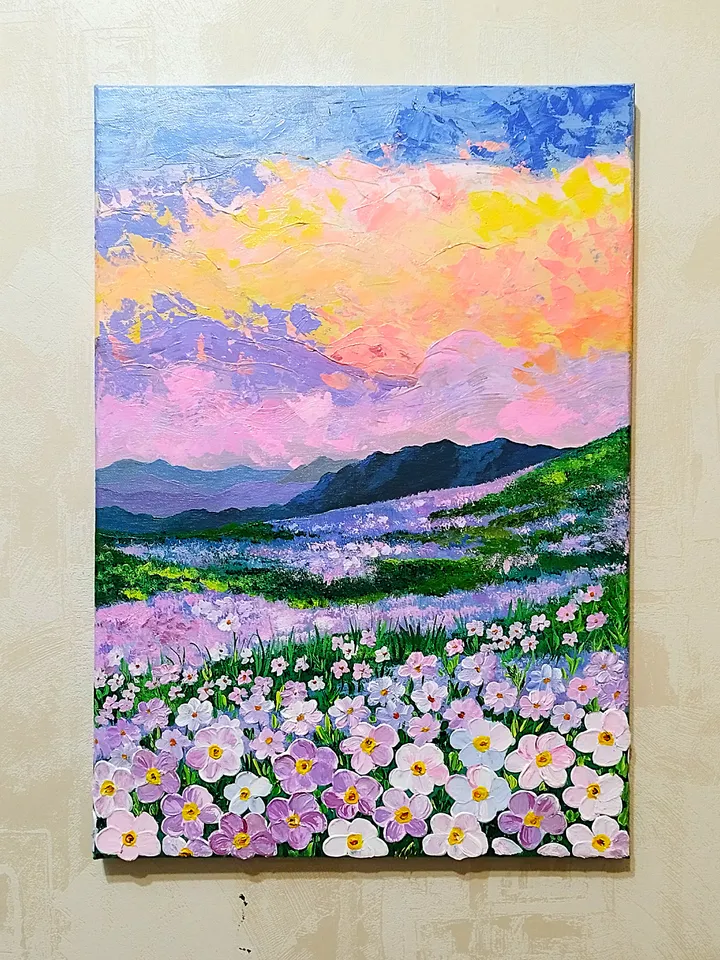 Sunset painting landscape art wildflowers wall decor