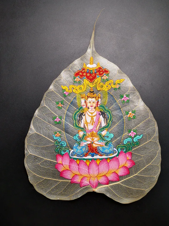 Gandhanra Handpainted Bodhi Leaf Thangka,Packed in Wooden Picture Frame,Painted with Natural Mineral Pigments,Vairocana Thangka