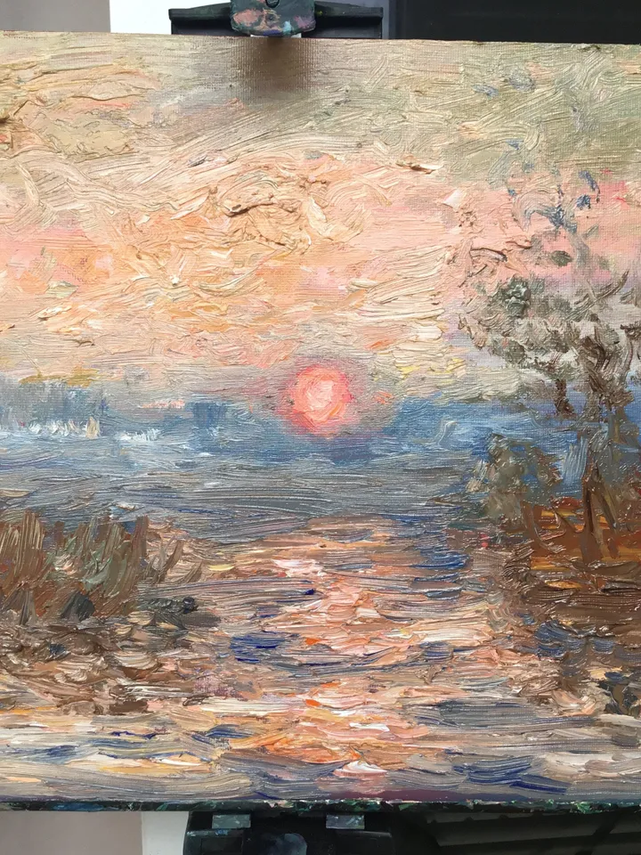 Sunset on the river,original oil painting on canvas board,landscape oil painting