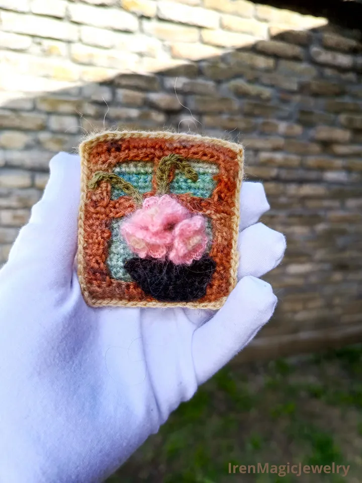 Crochet Brooch with Pink Flowers in Pot by the Window