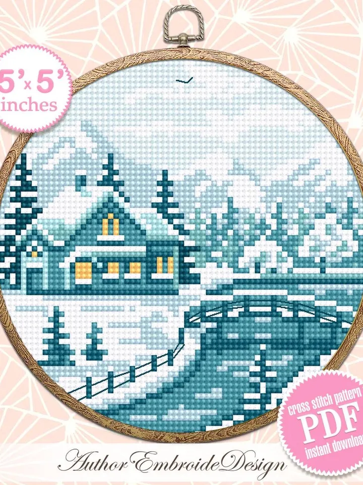 Winter landscape cross stitch pattern PDF download Nature cross stitch chart, Small snow pattern digital PDF beginner, House in forest #L92