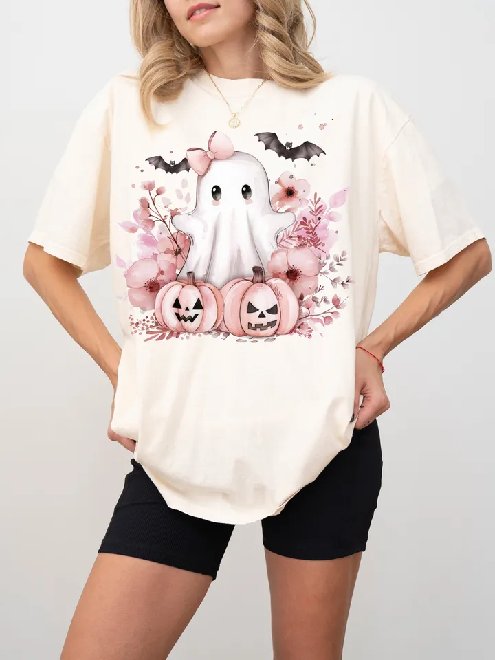 Pink Halloween PNG, Spooky Ghost, Autumn sublimation design, Fall PNG, Pumpkins, leaves PNG, Watercolor Sublimation, Coquette Pink Ghouls