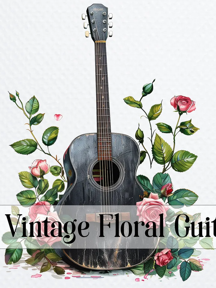 10 Vintage Floral Guitar Clipart, Printable Watercolor clipart, High Quality JPGs, Digital download, Paper craft, junk journals