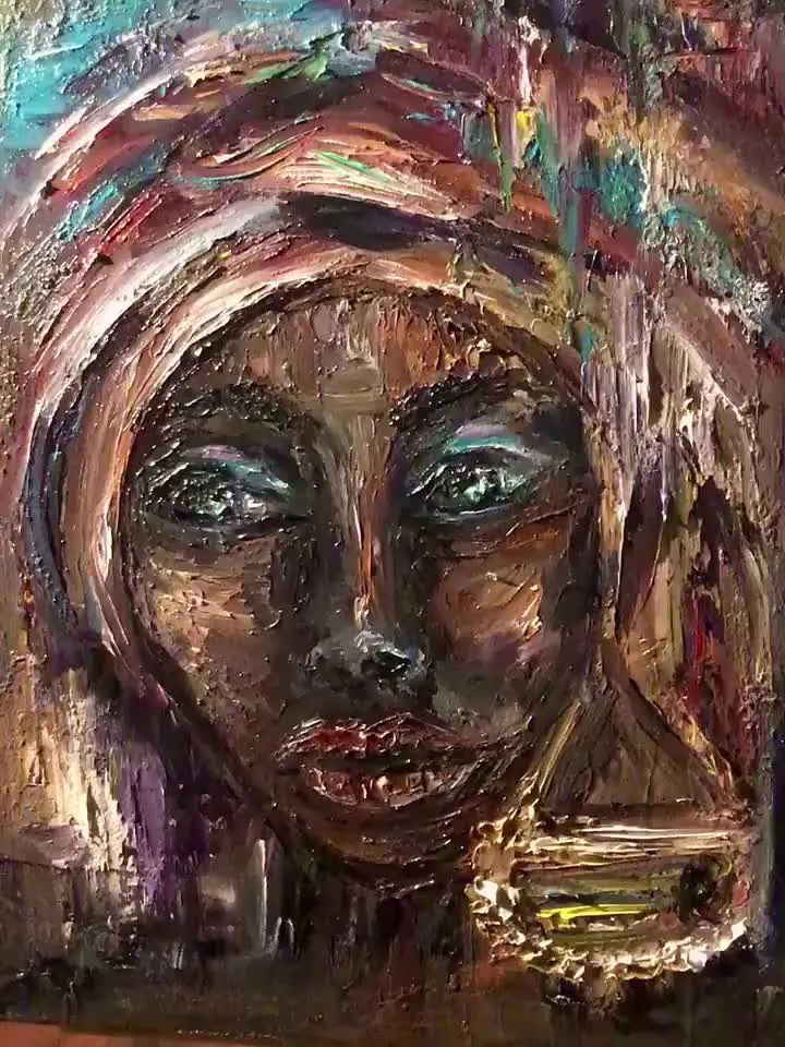 African woman fantasy portrait painting, abstract portrait wall art, original oil painting on 3 d canvas.,woman with earring painting.
