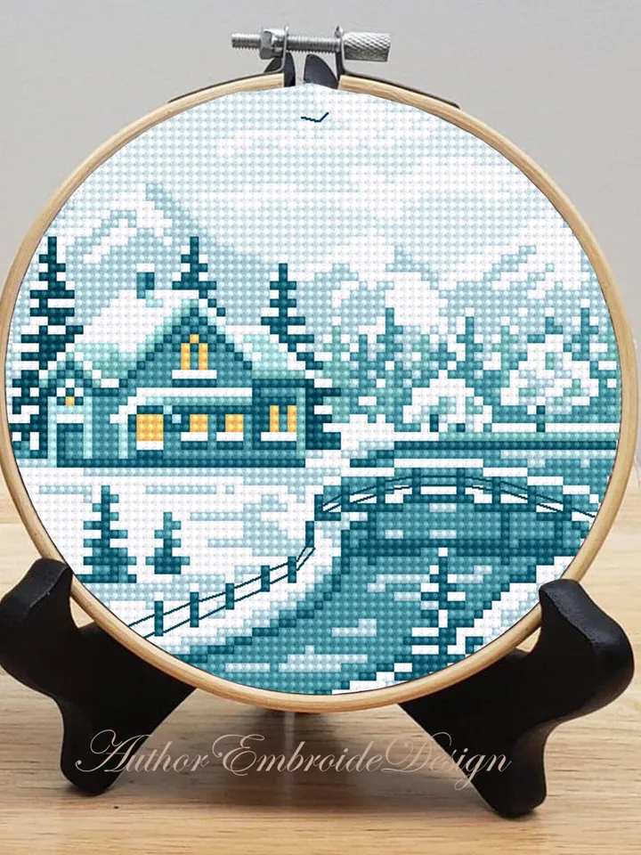 Winter landscape cross stitch pattern PDF download Nature cross stitch chart, Small snow pattern digital PDF beginner, House in forest #L92