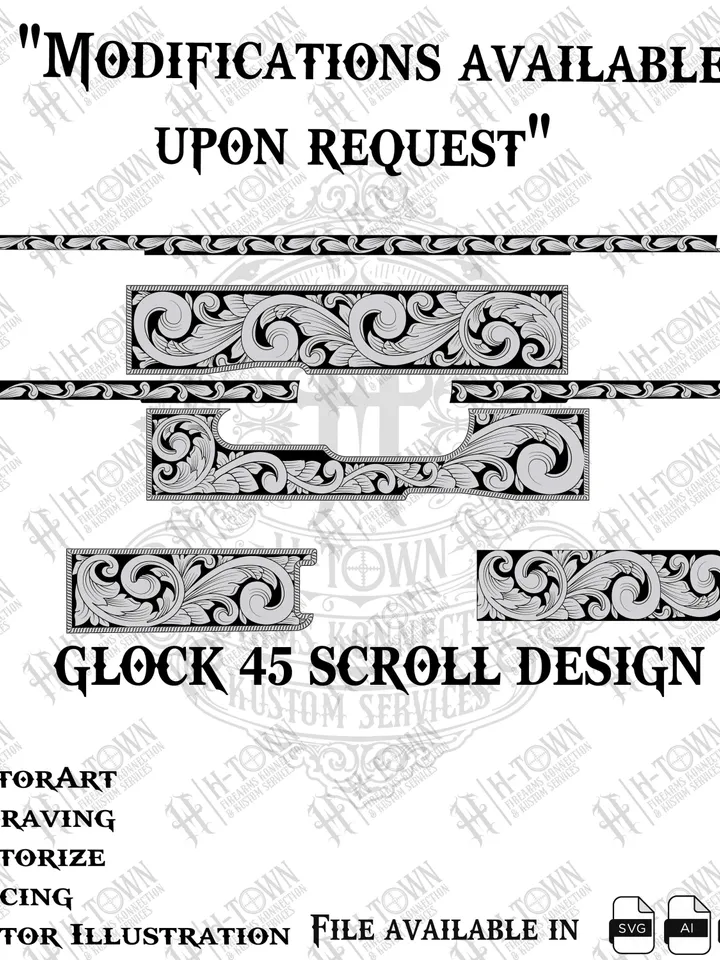 GLOCK 45 Engraving Scroll Vector | Ornamental Grip Design | Full Slide Svg Png AI EPS | Custom Laser Template