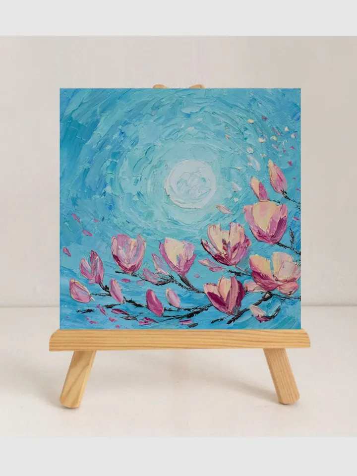 Magnolia painting Flower Small artwork Full moon night Original Art Flowering branches painting by Juliya JC