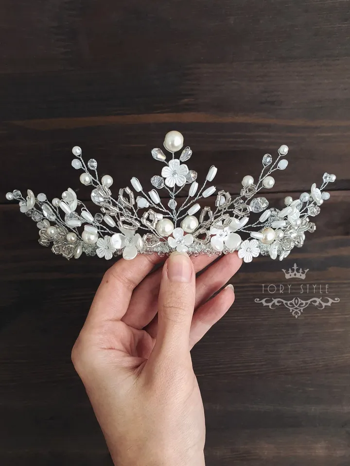 Pearl crown, flower tiara, white crown, bridal headpiece, wedding tiara, baby crown,White tiara, Wedding headpiece,Bride
